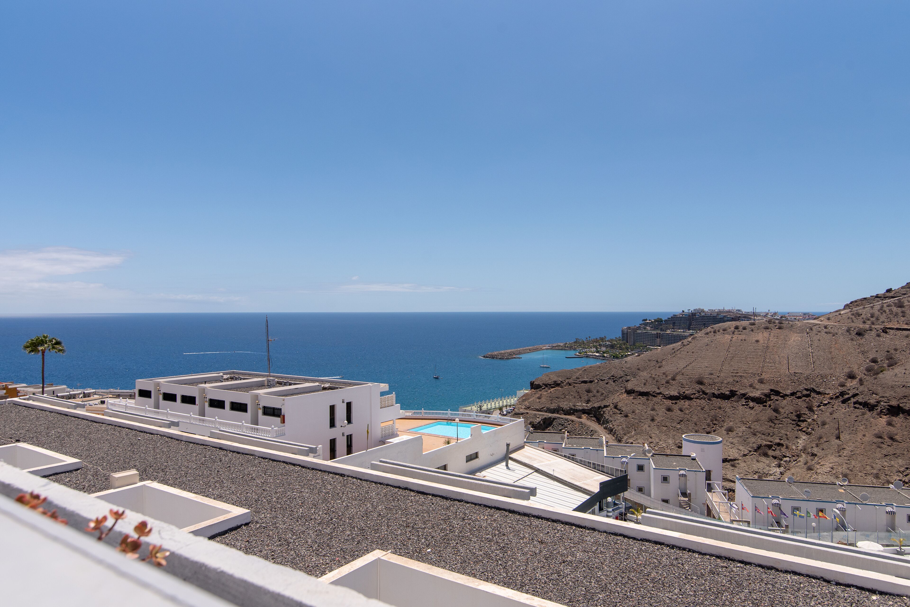 A rooftop terrace with a pool, overlooking a coastal area with buildings and a clear sky.