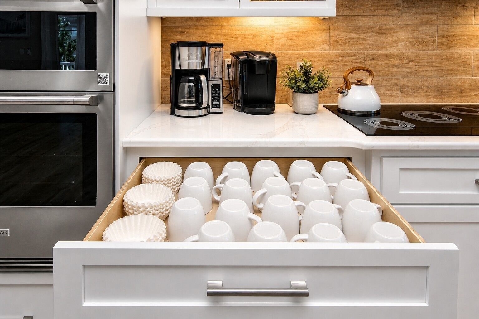 A kitchen with a coffee maker, kettle, and a drawer full of white mugs.
