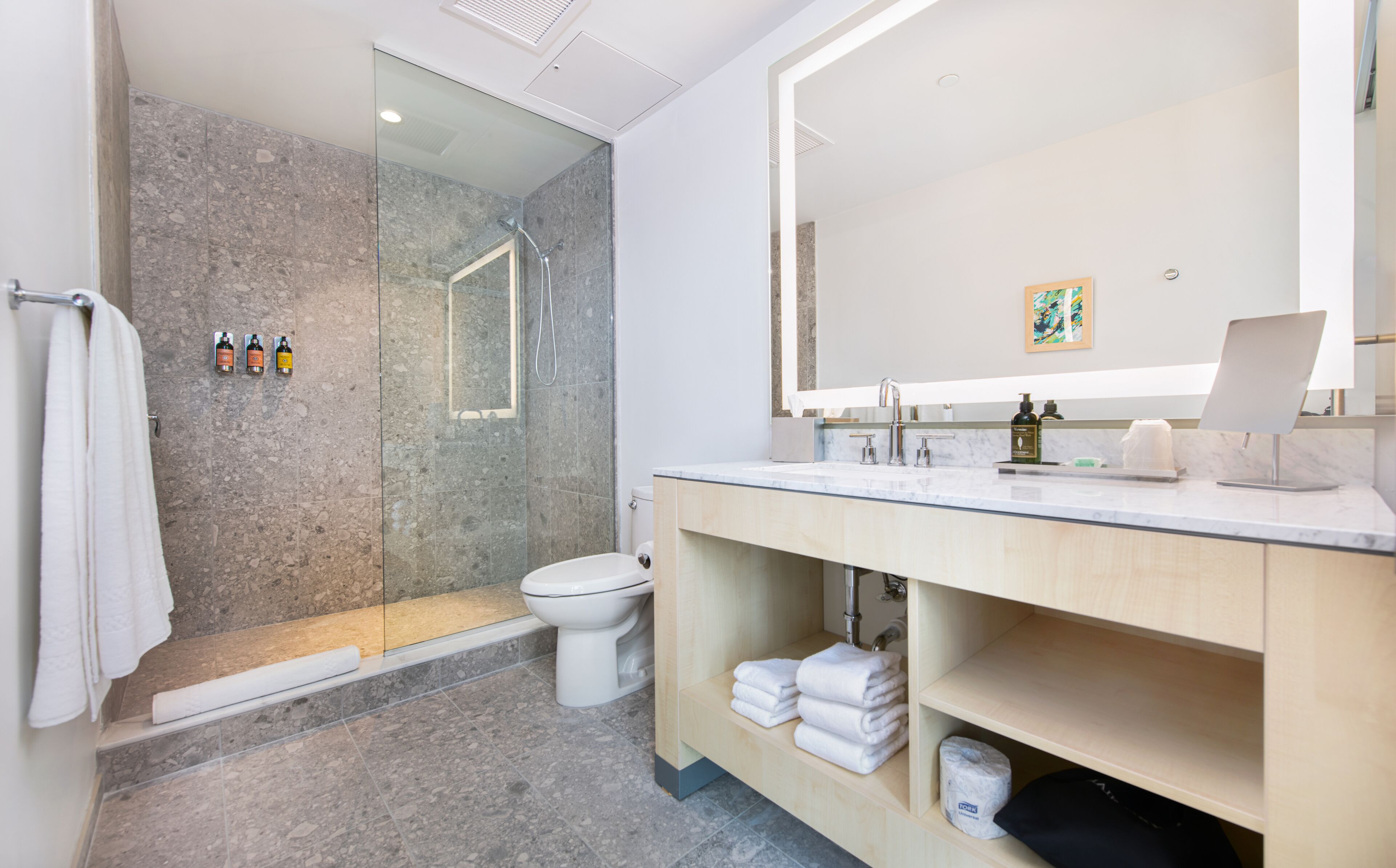 shower, rainfall showerhead, designer toiletries, hair dryer