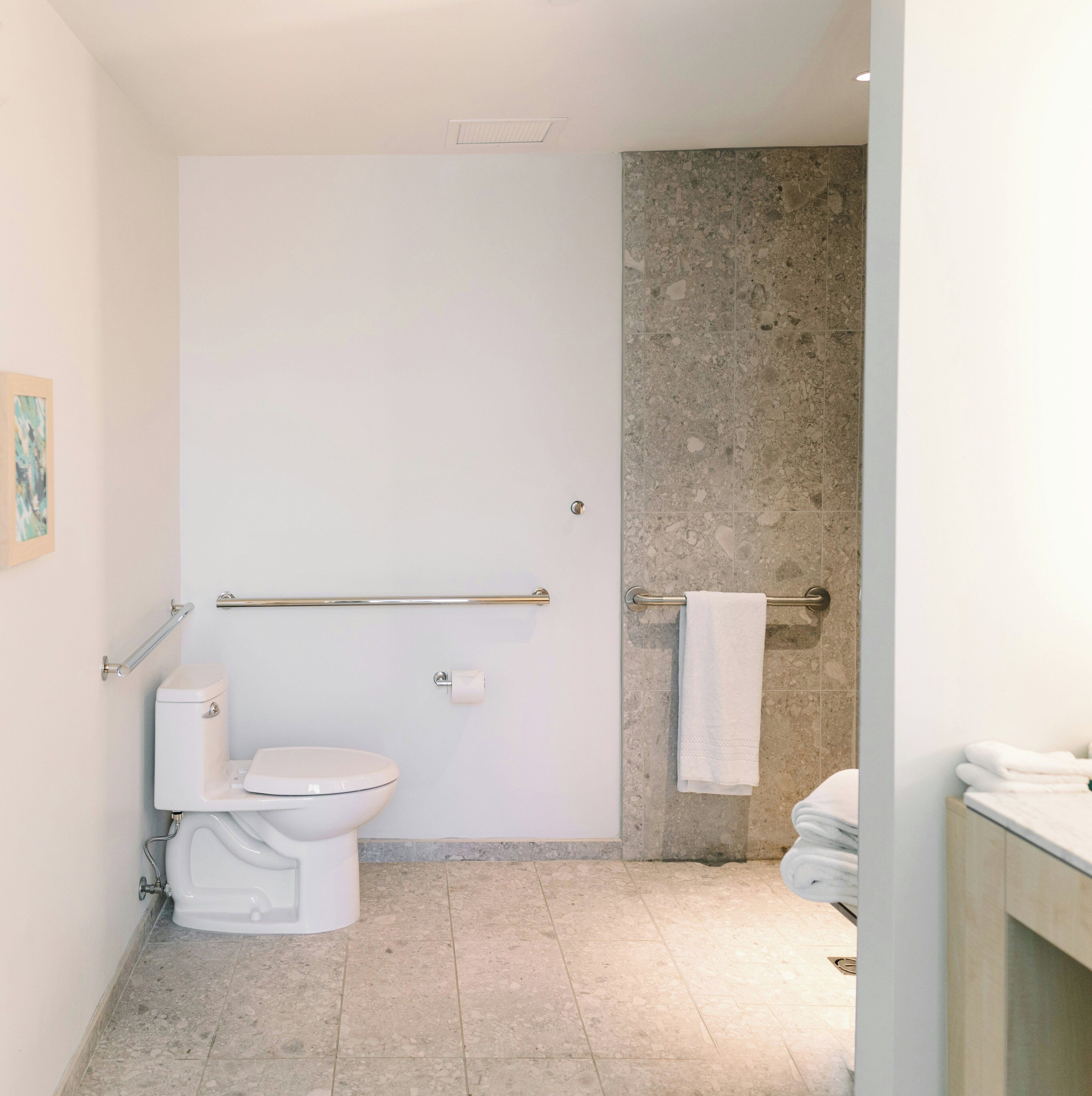 Un baño con inodoro, toallero y zona de ducha.