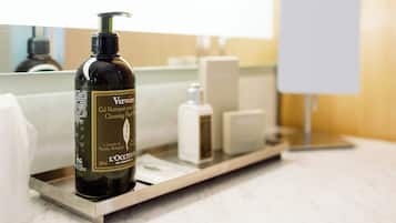 A bottle of Verveine cleansing hand wash on a bathroom counter.