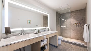 Shower, rainfall showerhead, designer toiletries, hair dryer