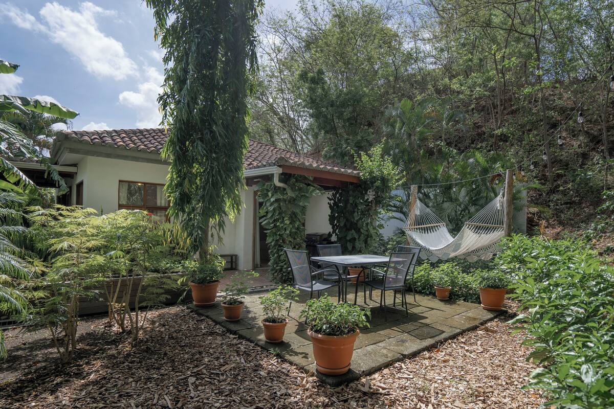 A patio area with a table and chairs, surrounded by potted plants and a hammock.