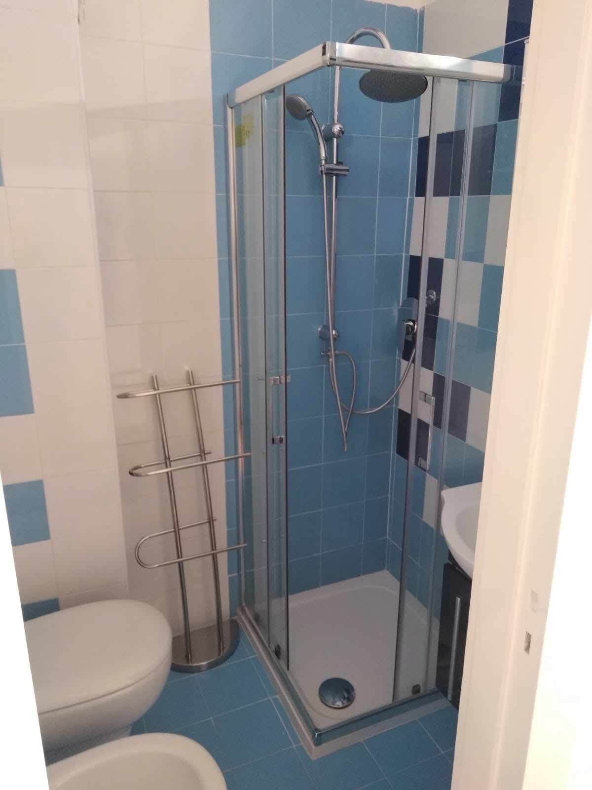 Een douchecabine met een glazen deur, een handdouche en een tweede handdouche.