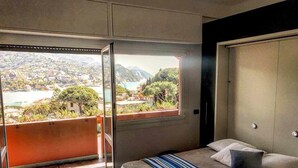 A bedroom with a bed, a window with a view of a landscape, and a door.