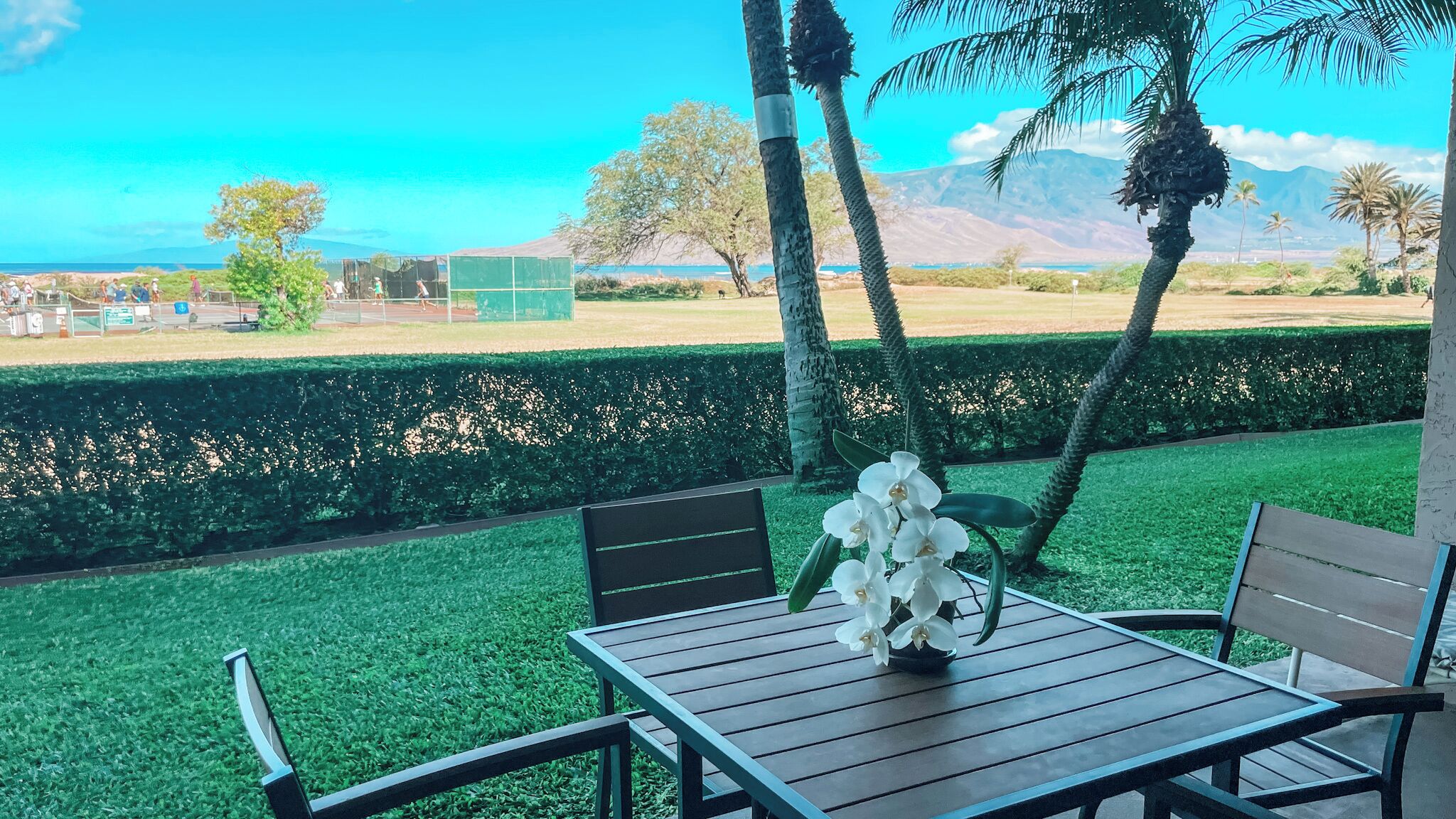 An outdoor seating area with a table and chairs, a flower arrangement, and a view of a landscaped garden and distant mountains.