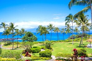 A tropical resort with a golf course, palm trees, and a view of the ocean.
