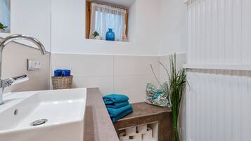 Shower, hair dryer, towels