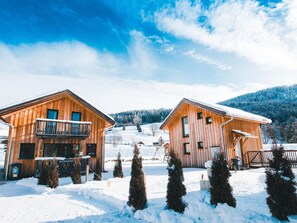 Two wooden cabins with balconies, surrounded by snow-covered ground and trees, set against a mountainous backdrop. - Attractive Chalet With Jacuzzi (Murau)