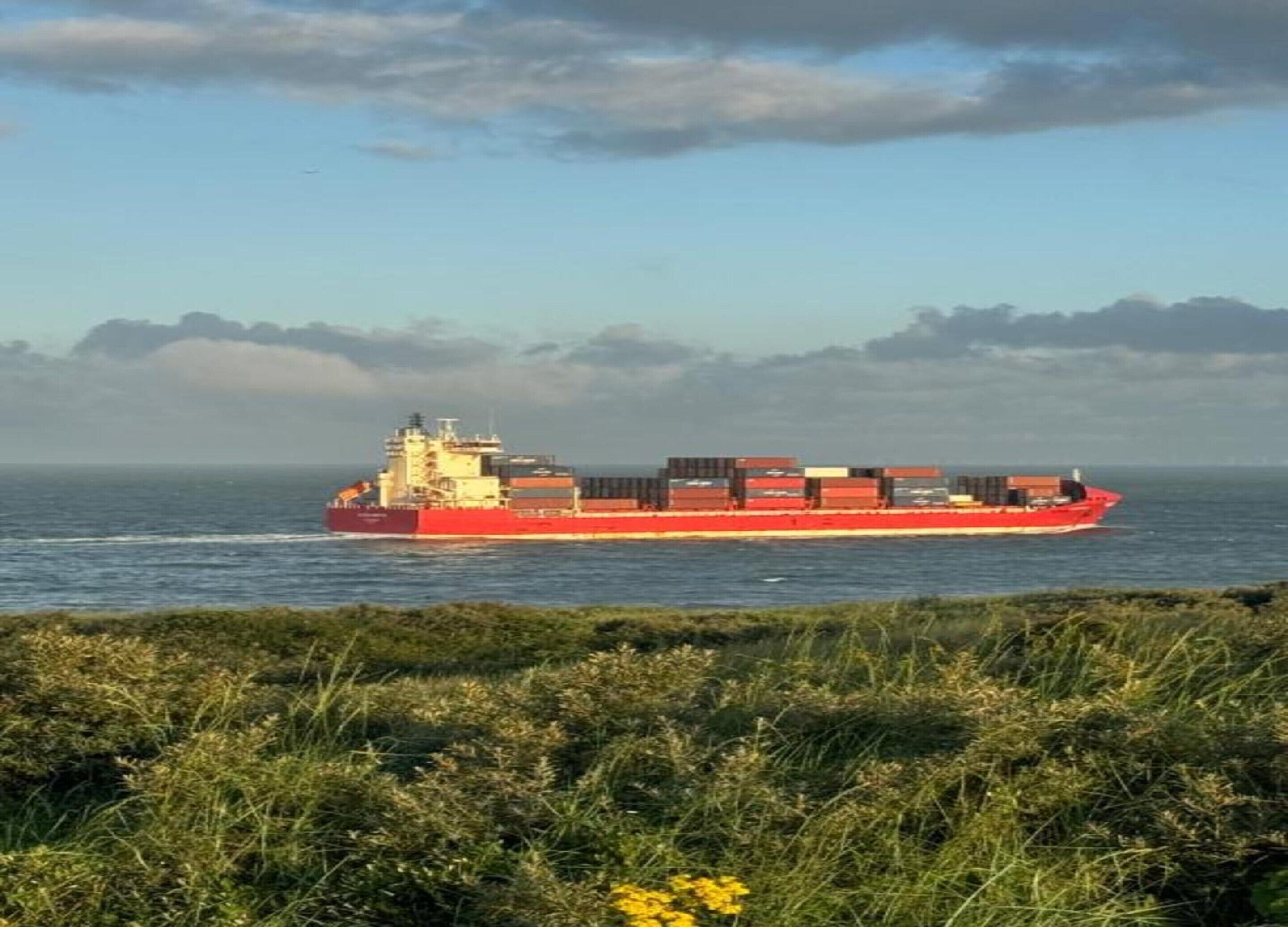 A large red cargo ship on the ocean.