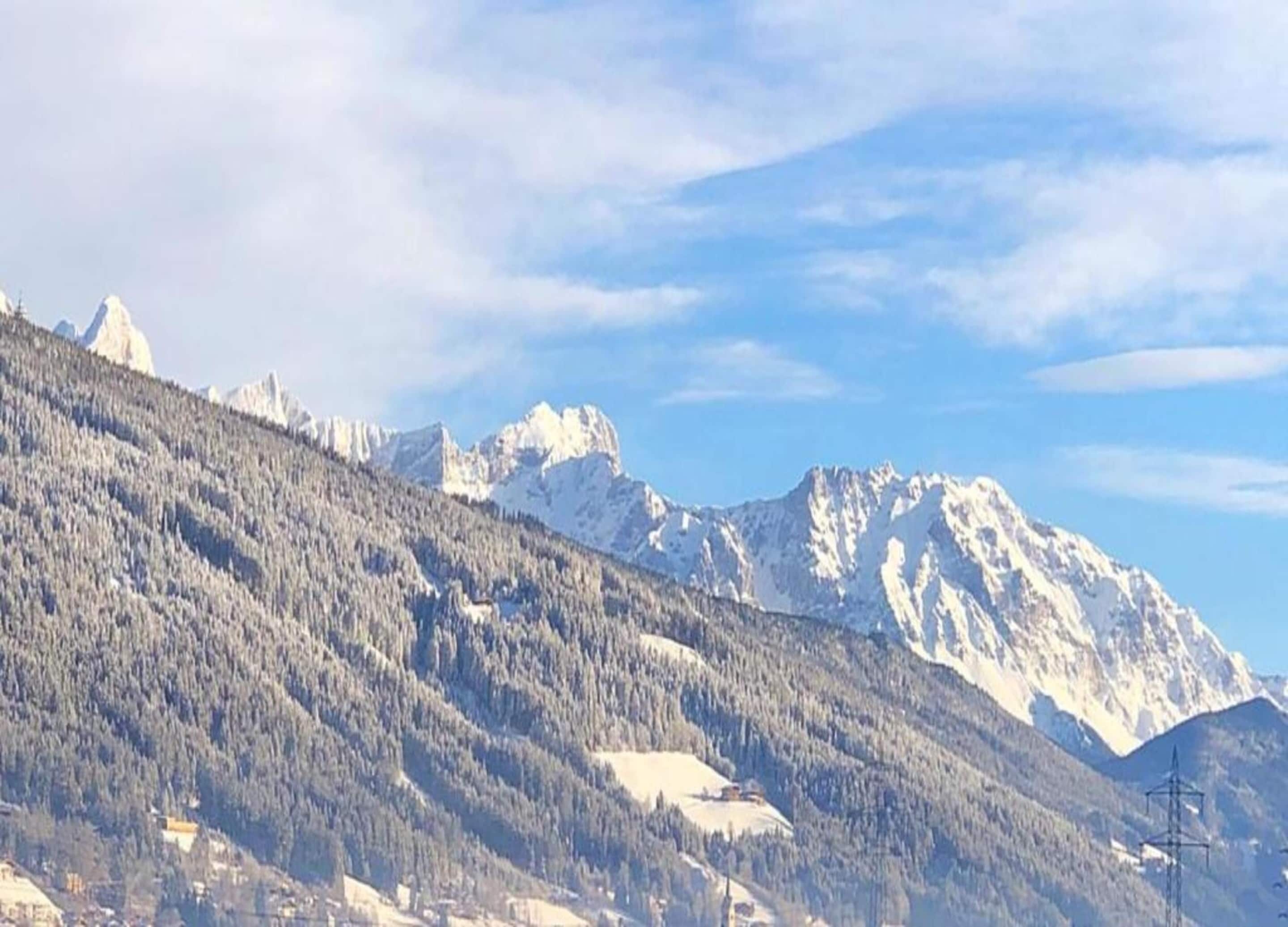 Eine Berglandschaft mit schneebedeckten Gipfeln und einem bewaldeten Hang.