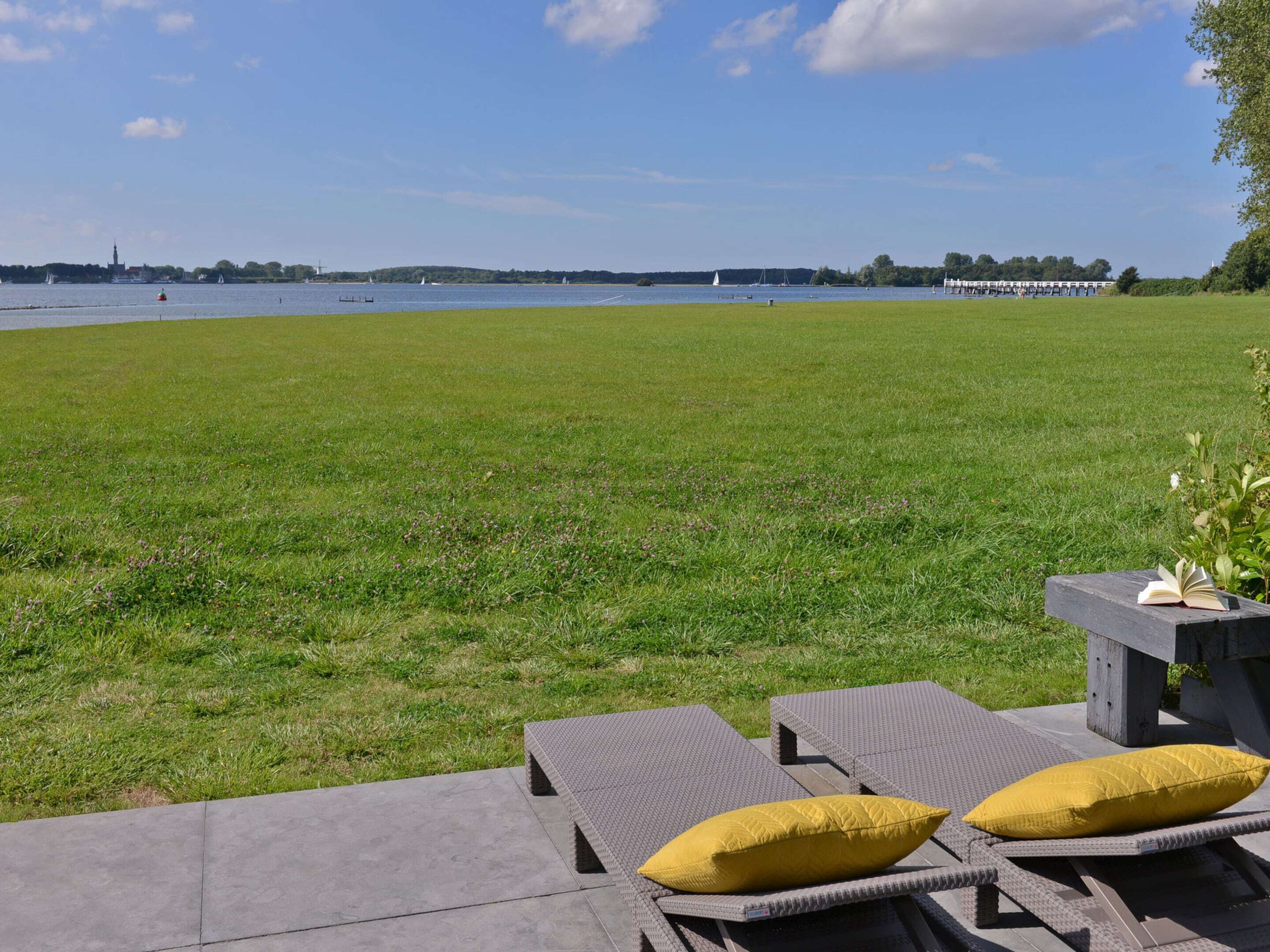 A grassy area with a view of a lake and distant buildings. There are lounge chairs with cushions.