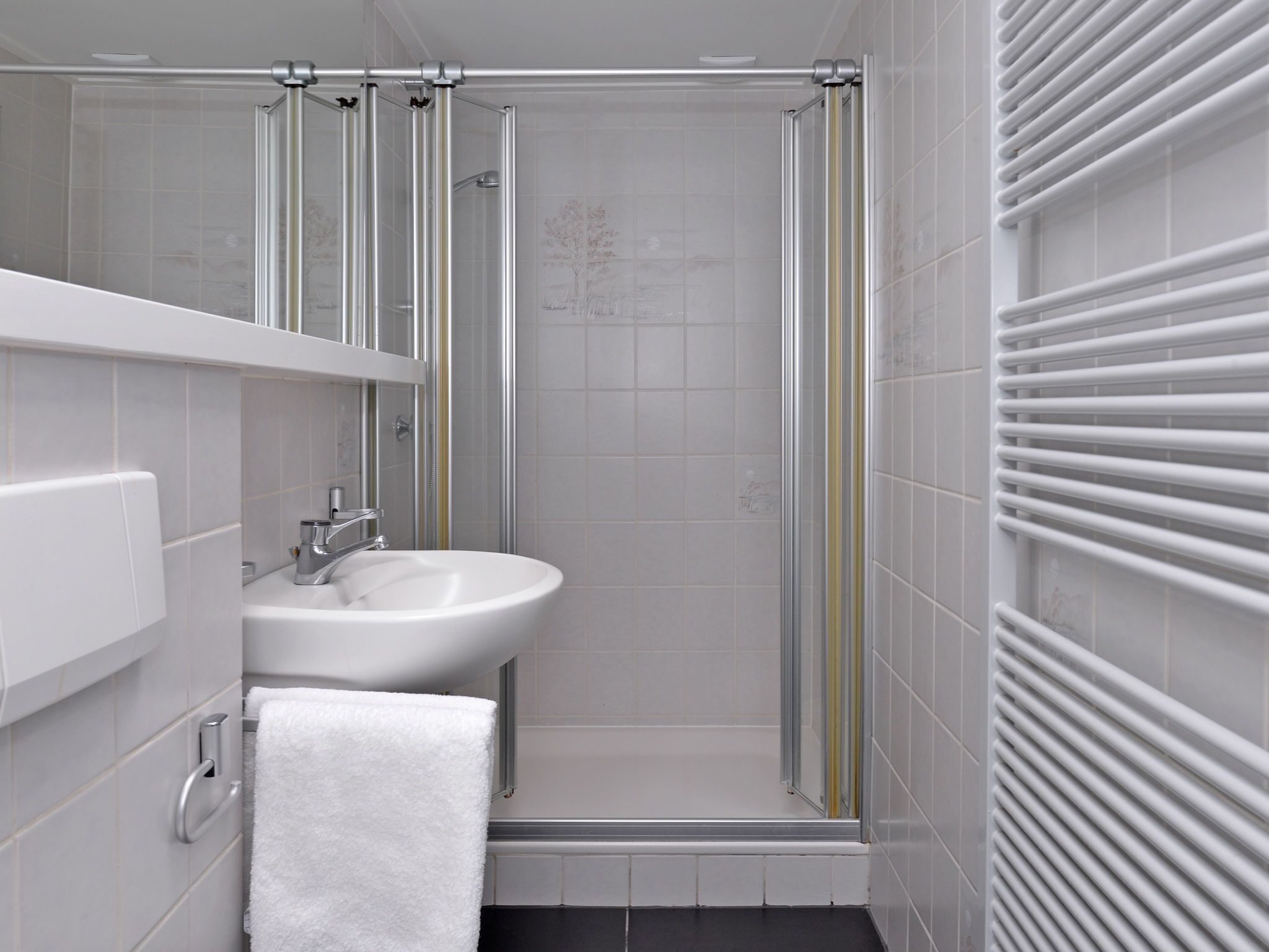 A modern bathroom with a glass-enclosed shower, a white sink, and a towel rack.