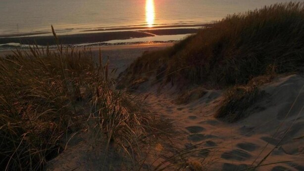 Atardecer sobre una playa con dunas de arena y hierba en primer plano.
