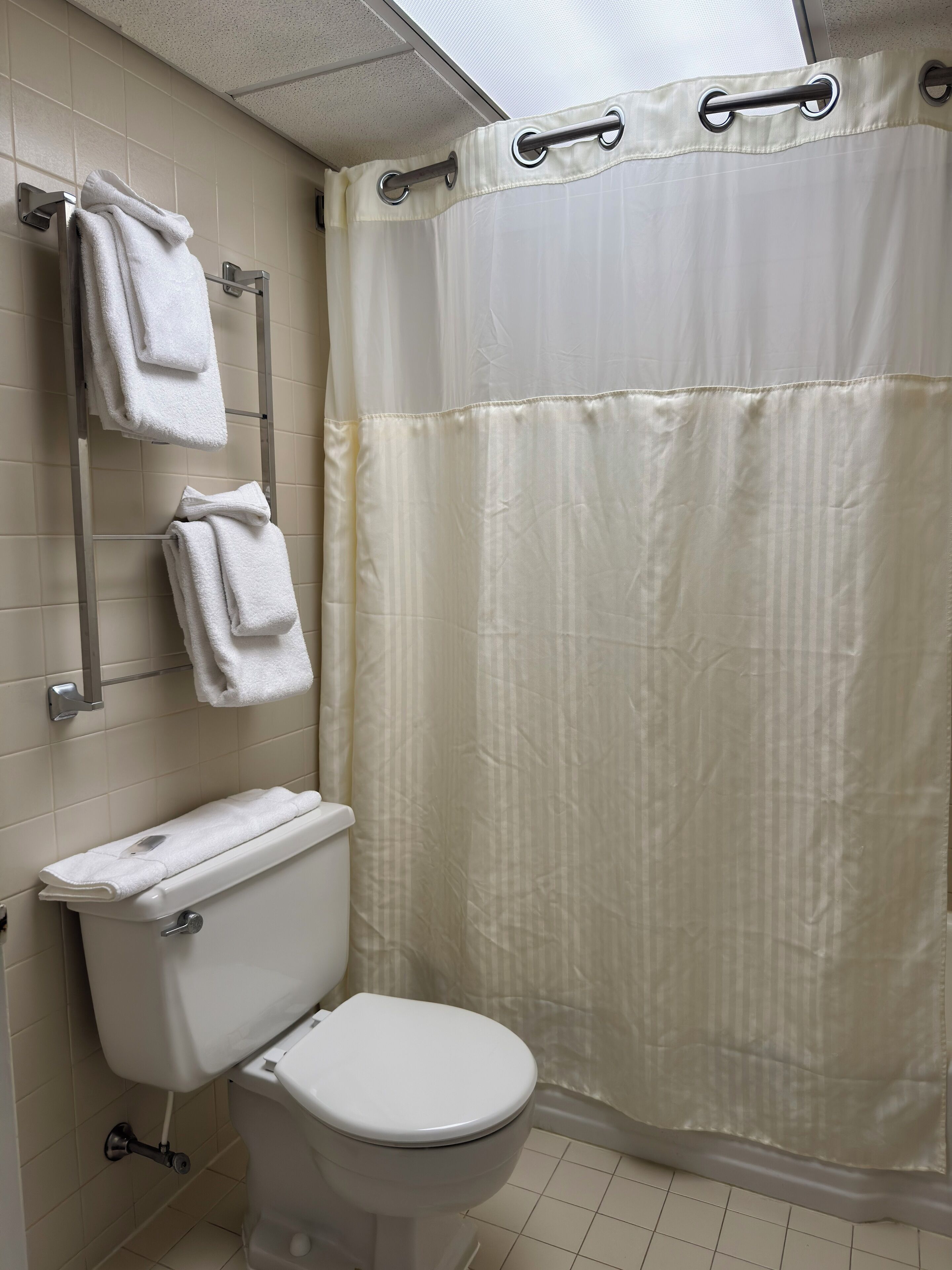 Een badkamer met toilet, een handdoekrek met handdoeken en een douchegordijn.