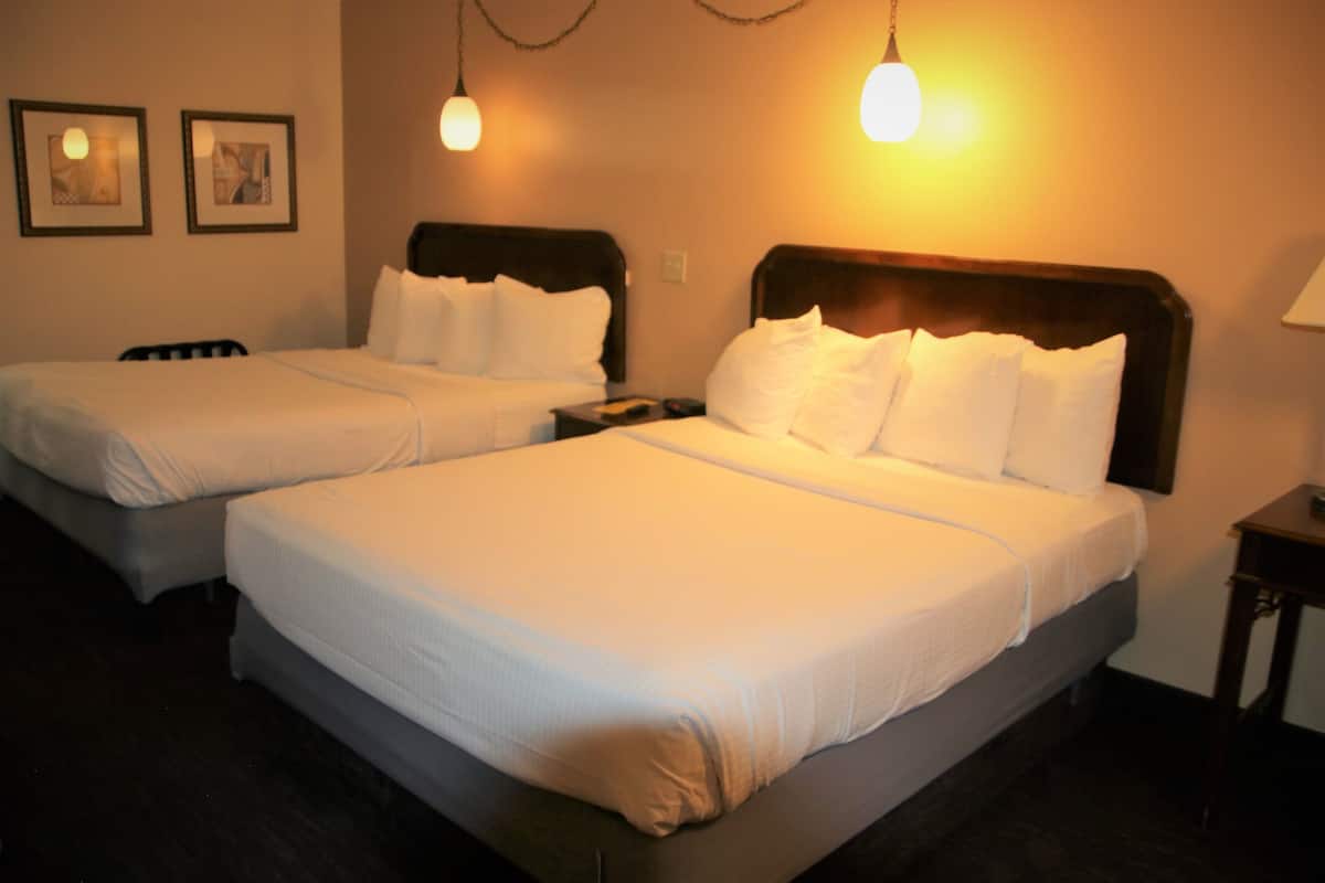 Ein Hotelzimmer mit zwei Betten, jeweils mit weißer Bettwäsche und Kopfteilen. An der Wand hängen gerahmte Bilder und auf dem Nachttisch steht eine Lampe.