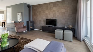 A modern living room with a fireplace, a flat-screen TV, and a comfortable seating area. - Luxury Apartment in Koudekerke With Sauna (Koudekerke)