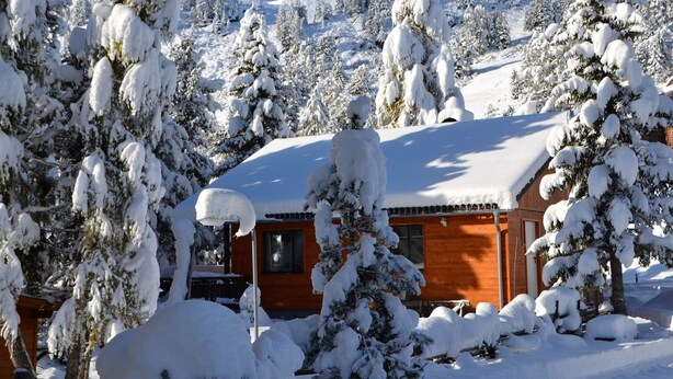 Una cabaña rodeada de árboles cubiertos de nieve y una montaña al fondo.