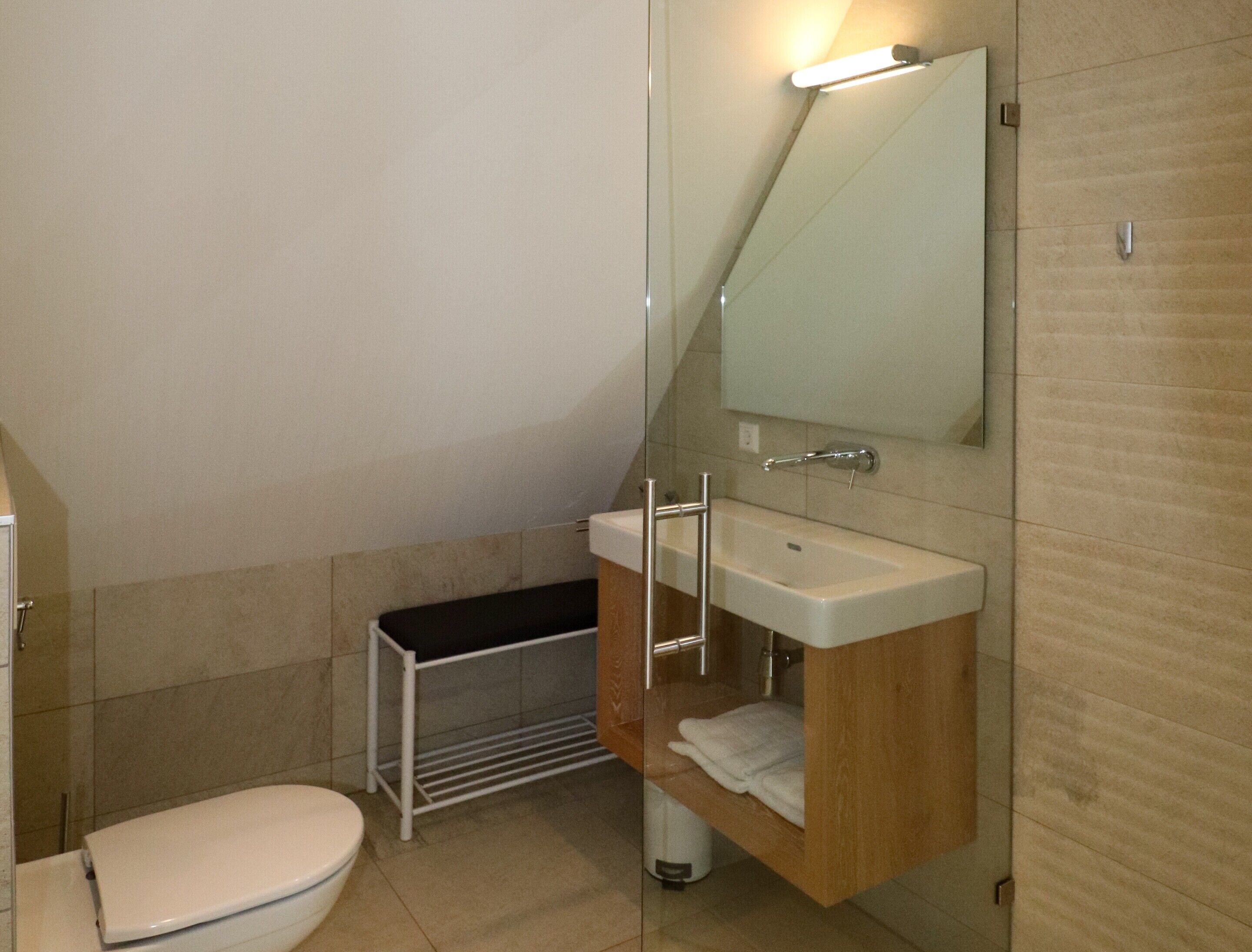 A modern bathroom with a toilet, sink, and mirror.