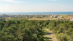 A coastal town with a mix of residential buildings and open spaces, a clear sky, and a visible path leading through a wooded area. - Holiday Home in Bergen Near North Sea Beach (Bergen aan Zee)