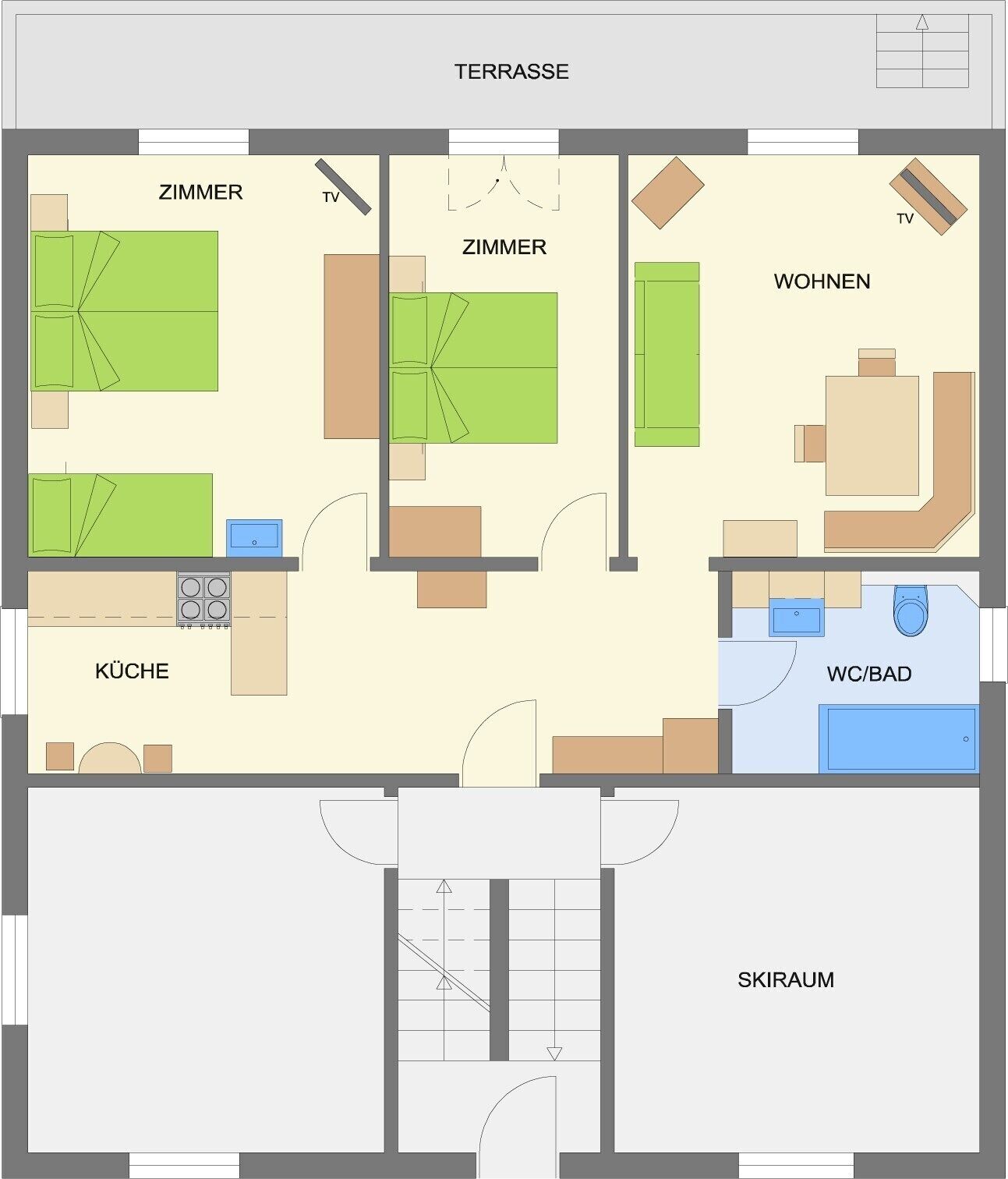 A floor plan of a hotel with two bedrooms, a living room, a kitchen, a bathroom, and a terrace.