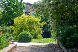Un jardín con un sendero de madera, arbustos variados y una casa al fondo.