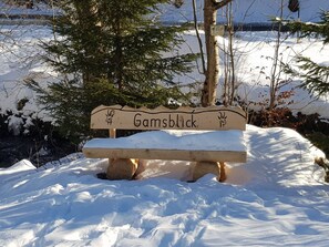 A wooden bench with 'Gamsblick' carved on it, surrounded by snow and trees.