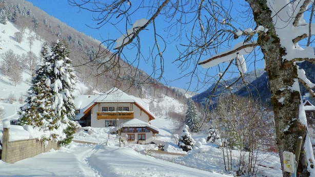 Uma casa de montanha coberta de neve, com fachada de madeira e varanda, cercada por árvores carregadas de neve e um céu azul límpido.