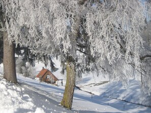A snow-covered landscape with a wooden cabin and trees. - Ferienhaus in Brigach (Sankt Georgen im Schwarzwald)