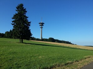 A tower with multiple levels and a surrounding grassy field with a tree. - Dog-friendly Holiday Home in the Knull (Neuenstein)