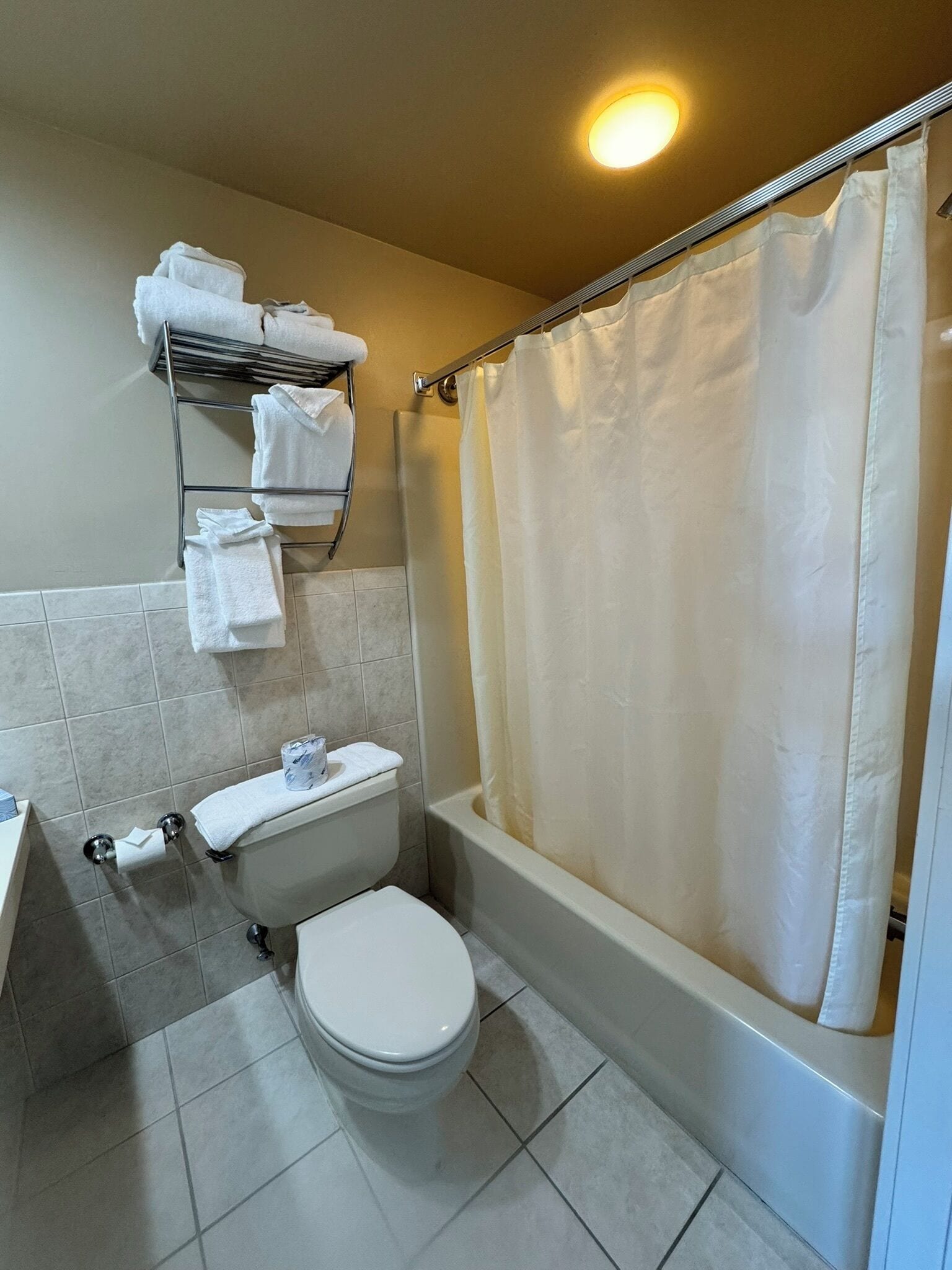 Un baño con inodoro, lavamanos, toallero con toallas y cortina de ducha.