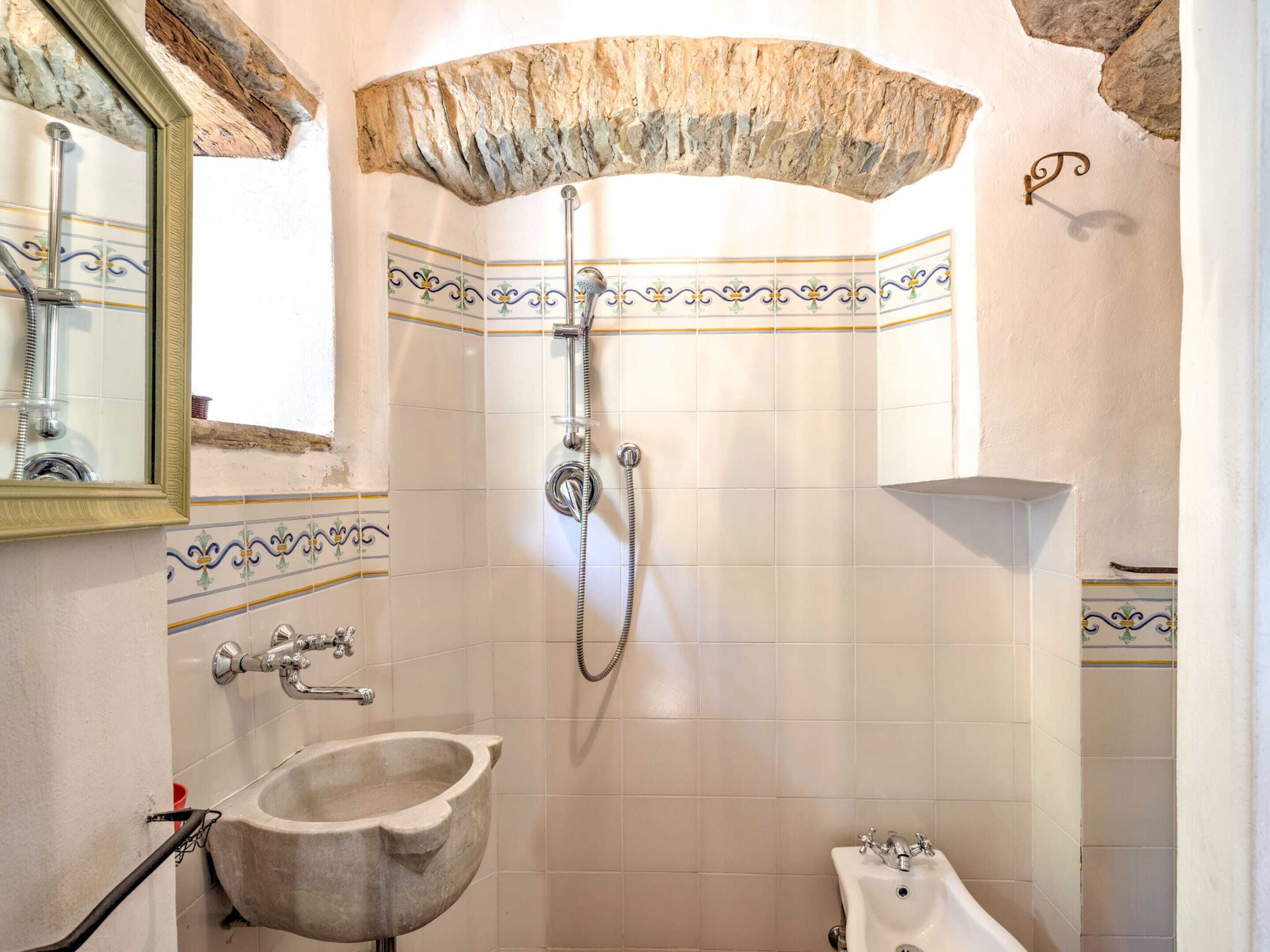 A bathroom with a shower, a stone basin sink, and a toilet.