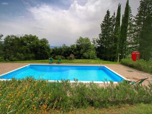 Une piscine rectangulaire, bordée d’un côté de deux chaises longues vertes, et entourée de verdure et d’arbres.