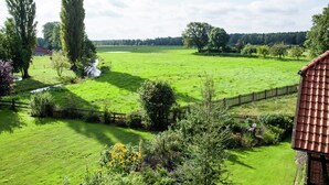 A rural landscape with a large green field, trees, and a building with a red roof. - Heritage Holiday Home in Wienhausen near River (Wienhausen)