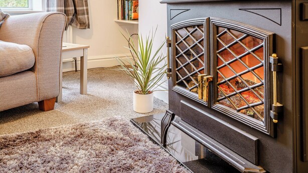 A cozy living room with a sofa, a small table, a potted plant, and a fireplace. - 3 bedroom accommodation in New Quay (New Quay)