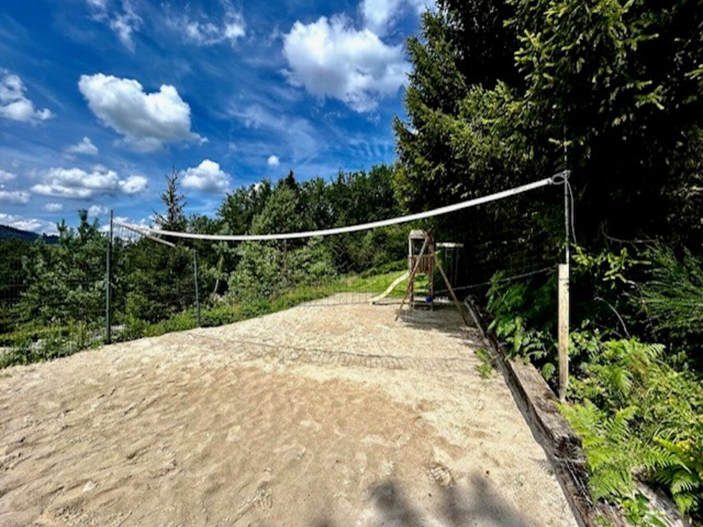 A volleyball court with a net, surrounded by trees and a clear sky.