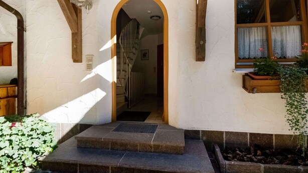 A stone staircase leading to a wooden door, a window with a curtain, and a potted plant on the right.