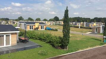 A row of modern mobile homes with a grassy yard and a tall tree in the foreground.
