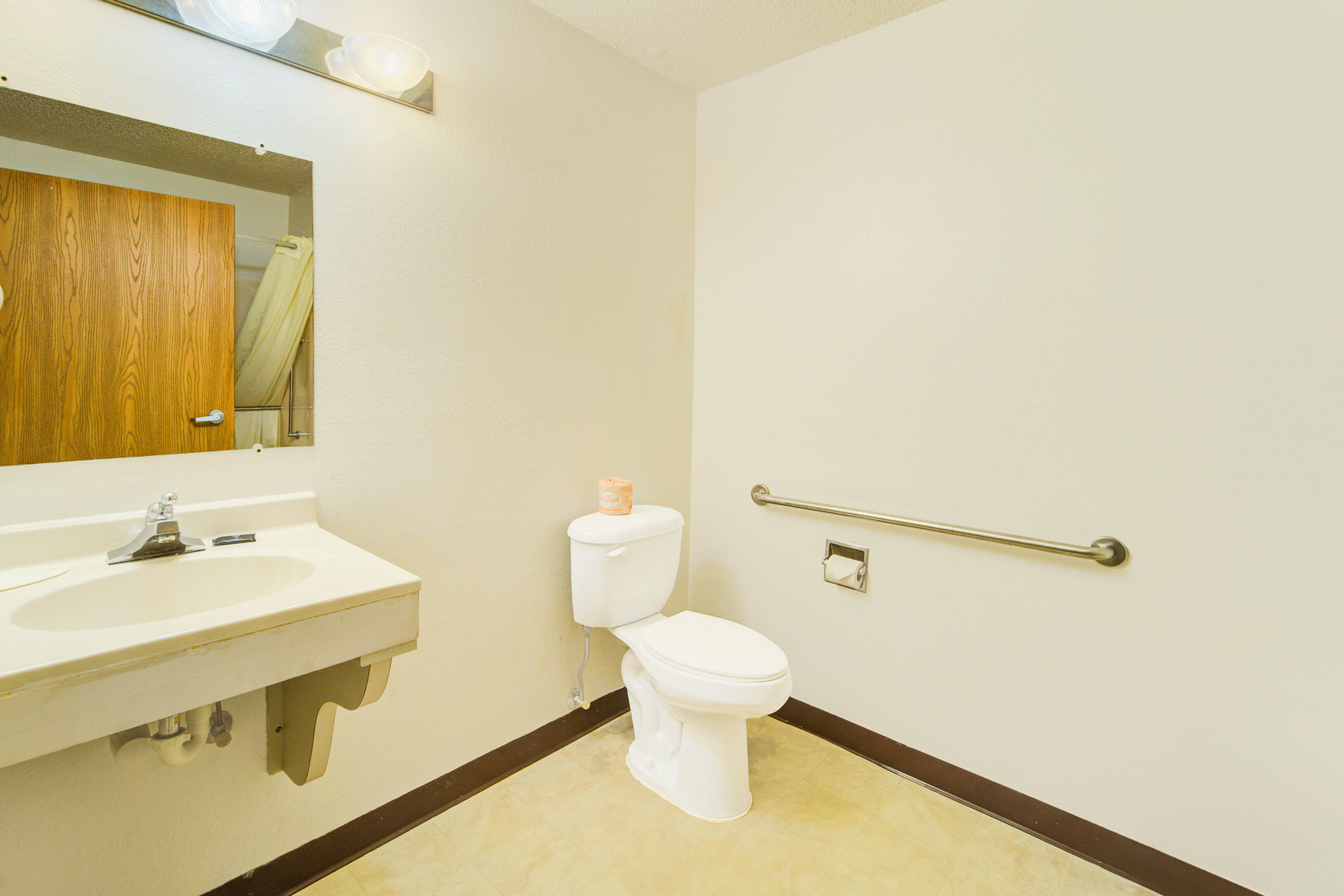 A bathroom with a sink, toilet, mirror, and handrail.