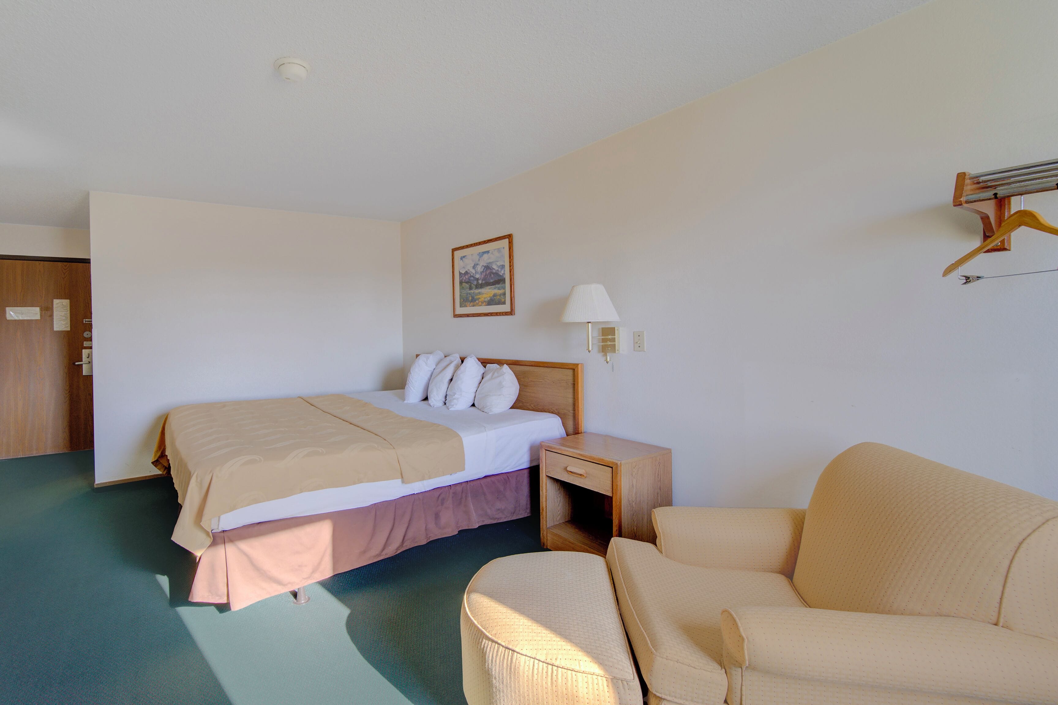 A hotel room with a bed, a bedside table, a lamp, a chair, and a door.