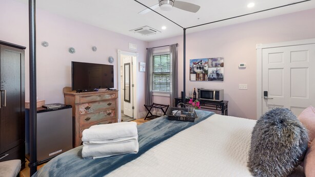 A bedroom with a bed, a television, a dresser, a ceiling fan, and a door. - Luxurious Private Suites in Downtown Charleston (Charleston)