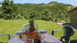 A table set outdoors with a view of a lush green hillside. - Apartment in Marche With Pool Access (Apecchio)