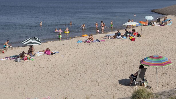 A beach with people sunbathing and swimming, umbrellas, and a distant wind farm. - Holiday Home in Colijnsplaat by the Sea (Colijnsplaat)