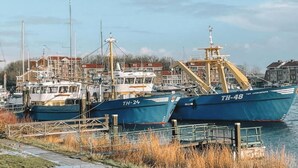 A marina with several boats docked, featuring a clear sky and buildings in the background. - Villa Oesterdam Deluxe Sleeps 8 (Tholen)