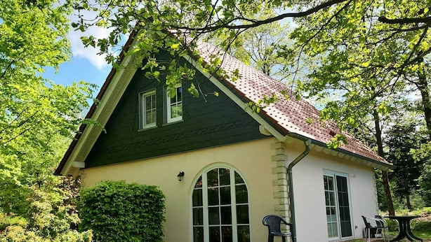 A two-story house with a green roof and beige walls, surrounded by lush greenery. - Tidy House With Sauna and Steam Bath, in a Forest (Brandscheid)