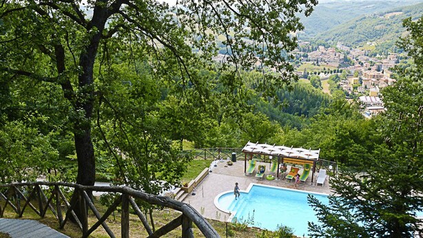 Piscina con un pabellón y sillas de descanso, rodeada de árboles y una vista de un pueblo al fondo.
