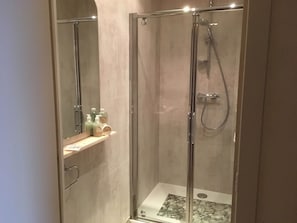 Une cabine de douche fermĂ©e par des parois en verre, dotĂ©e dâun pommeau de douche Ă main, dâune Ă©tagĂšre pour les articles de toilette et dâun miroir.