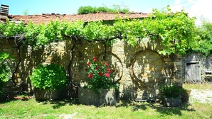 A stone building with a tiled roof, vines growing over it, and a small garden area with potted plants and flowers. - Rustic Tuscan Cottage (Fivizzano)