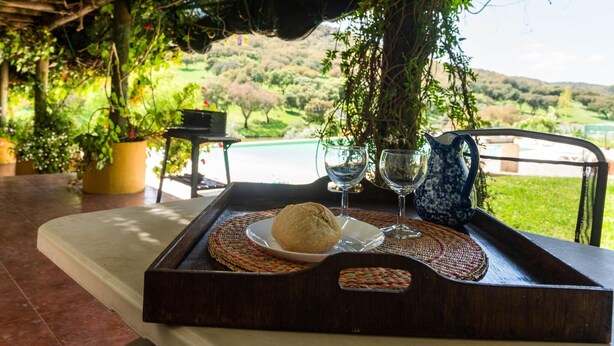 Une table avec un plateau, une assiette contenant un biscuit, deux verres et une carafe, le tout placé devant un paysage extérieur pittoresque.