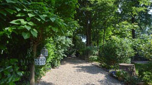 Ein Kiesweg in einem üppigen Garten mit Bäumen und einer hölzernen Bank.